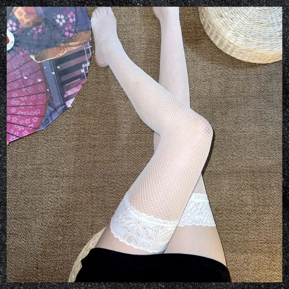 White Fishnet Lace Top Thigh Highs